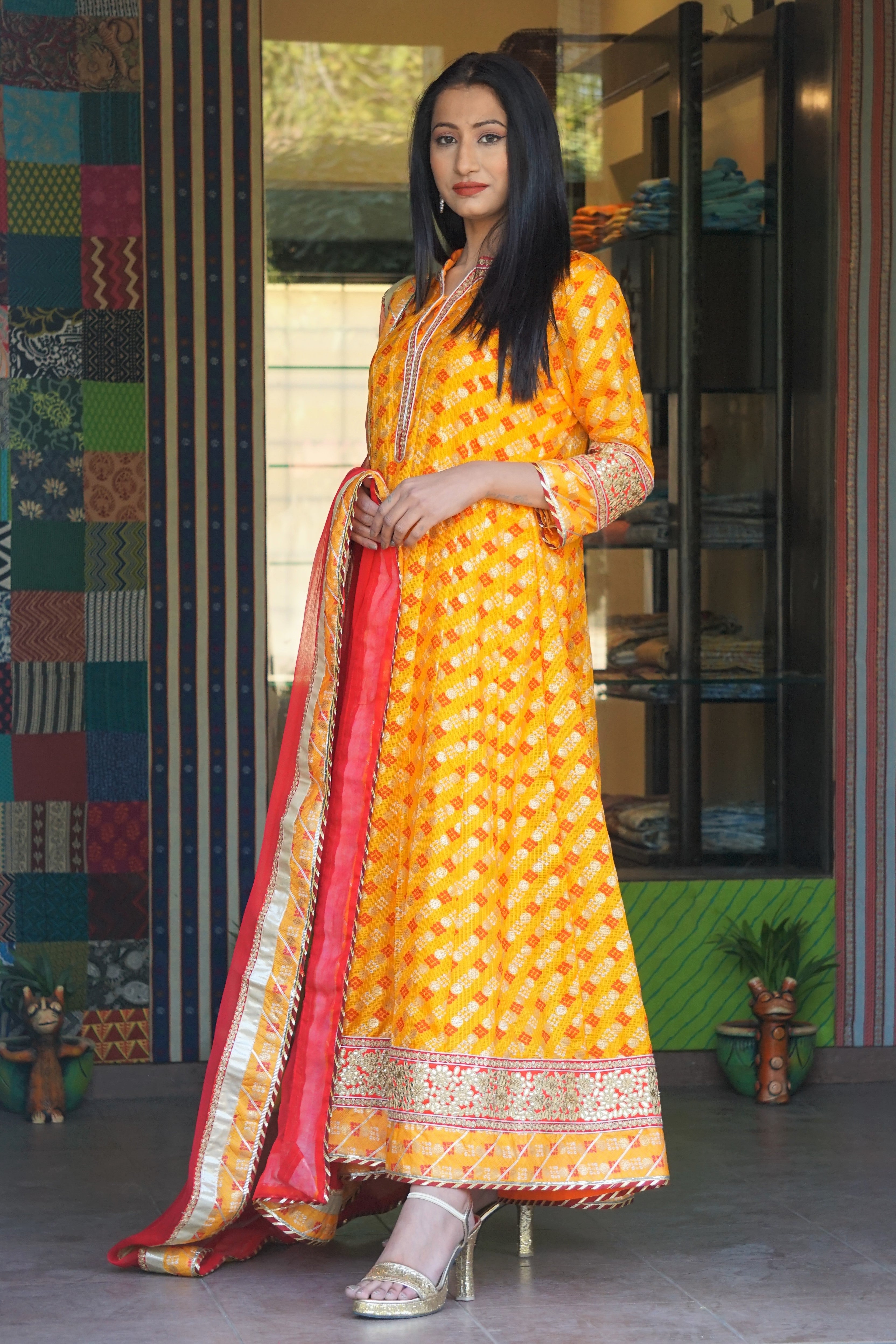 Monga Silk Bandhani Long Anarkali Dress With Chiffon Dupatta