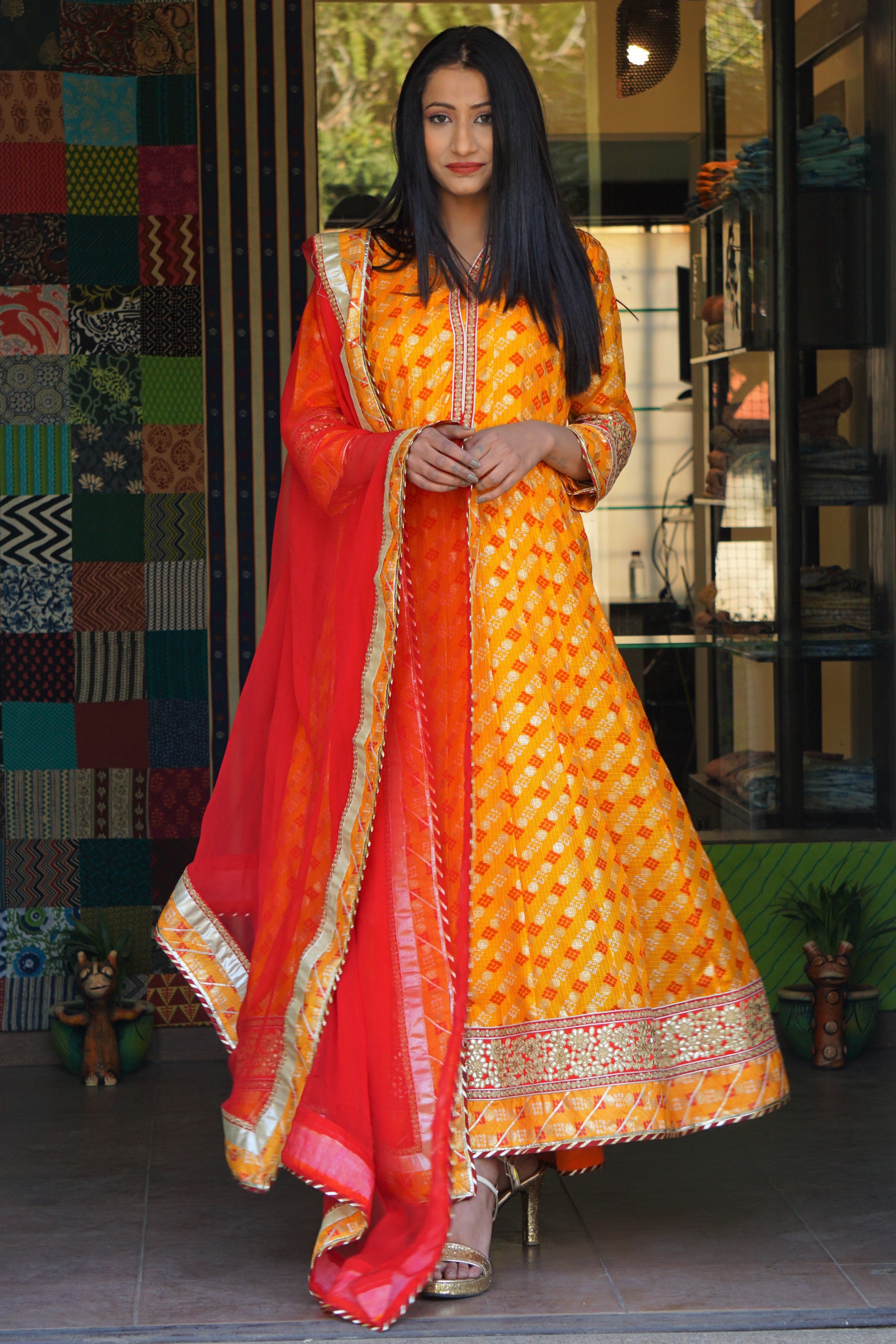 Monga Silk Bandhani Long Anarkali Dress With Chiffon Dupatta Monga Silk Bandhani Long Anarkali Dress With Chiffon Dupatta