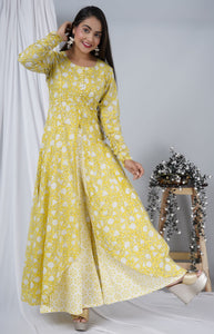 Light Yellow Hand Block Kalidaar Long Dress
