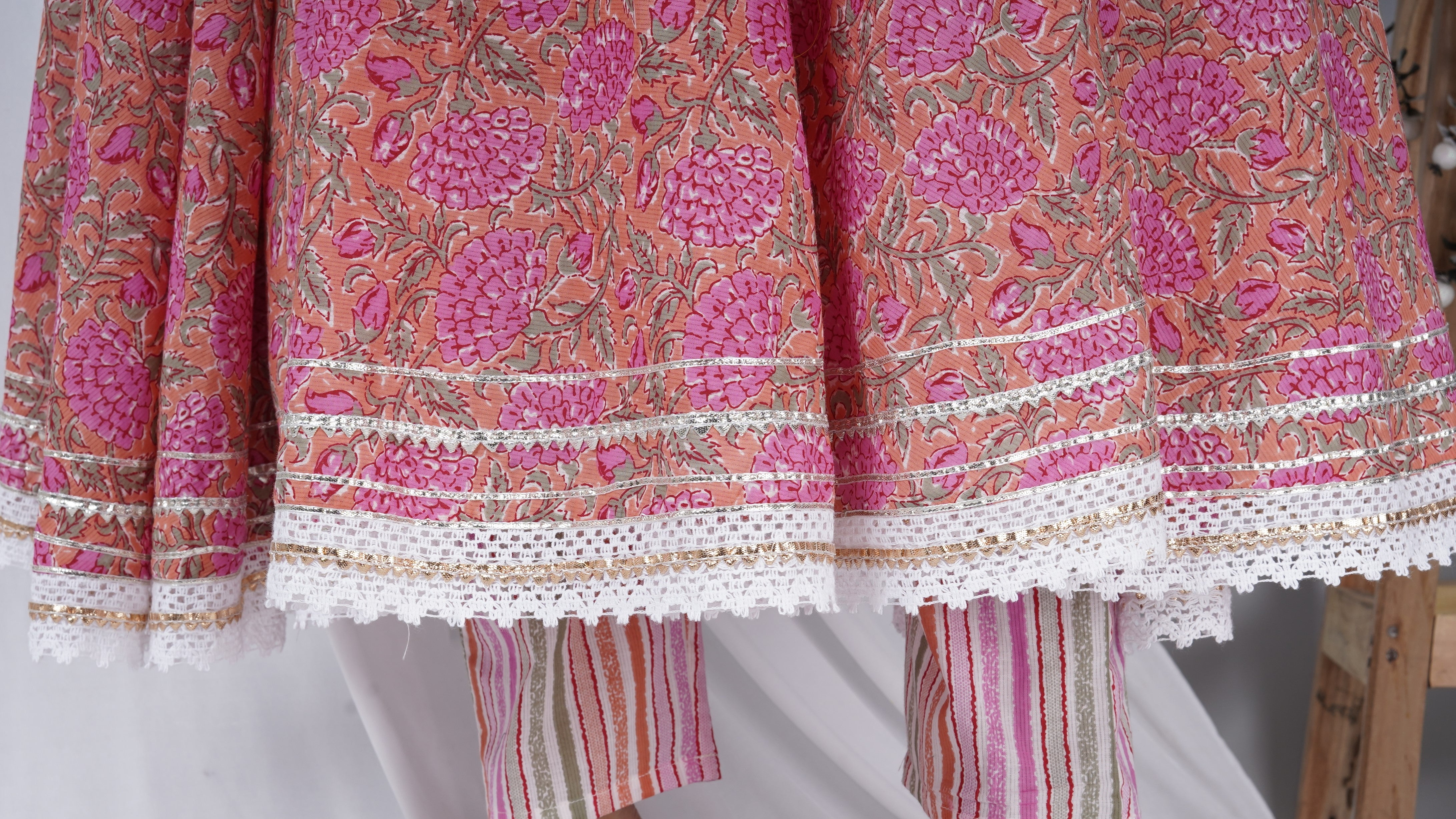 Salmon Pink Cotton Printed Umbrella Long Dress