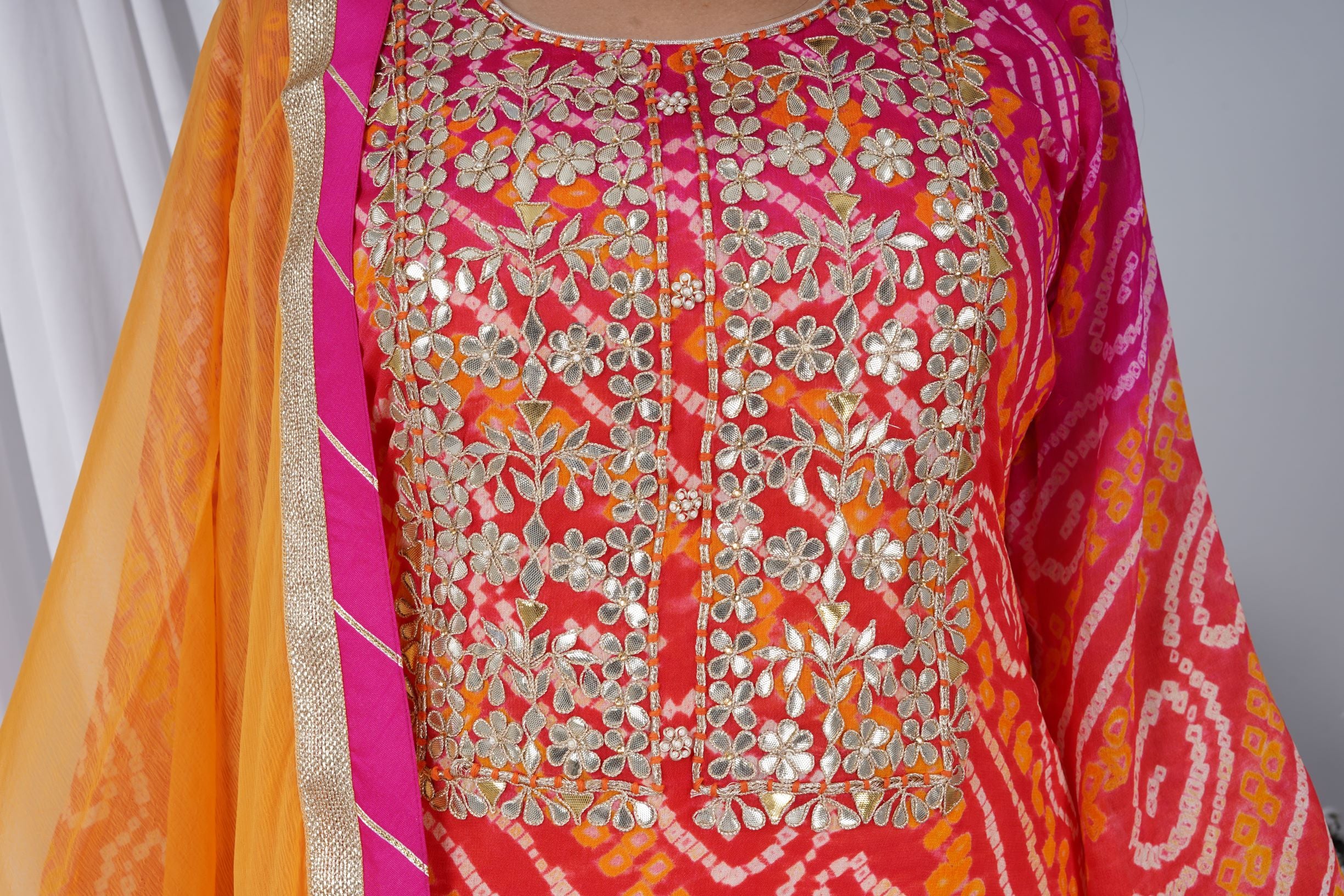 An Enticing Set Of Kurta Sharara and Duppatta in Pure Bandhej