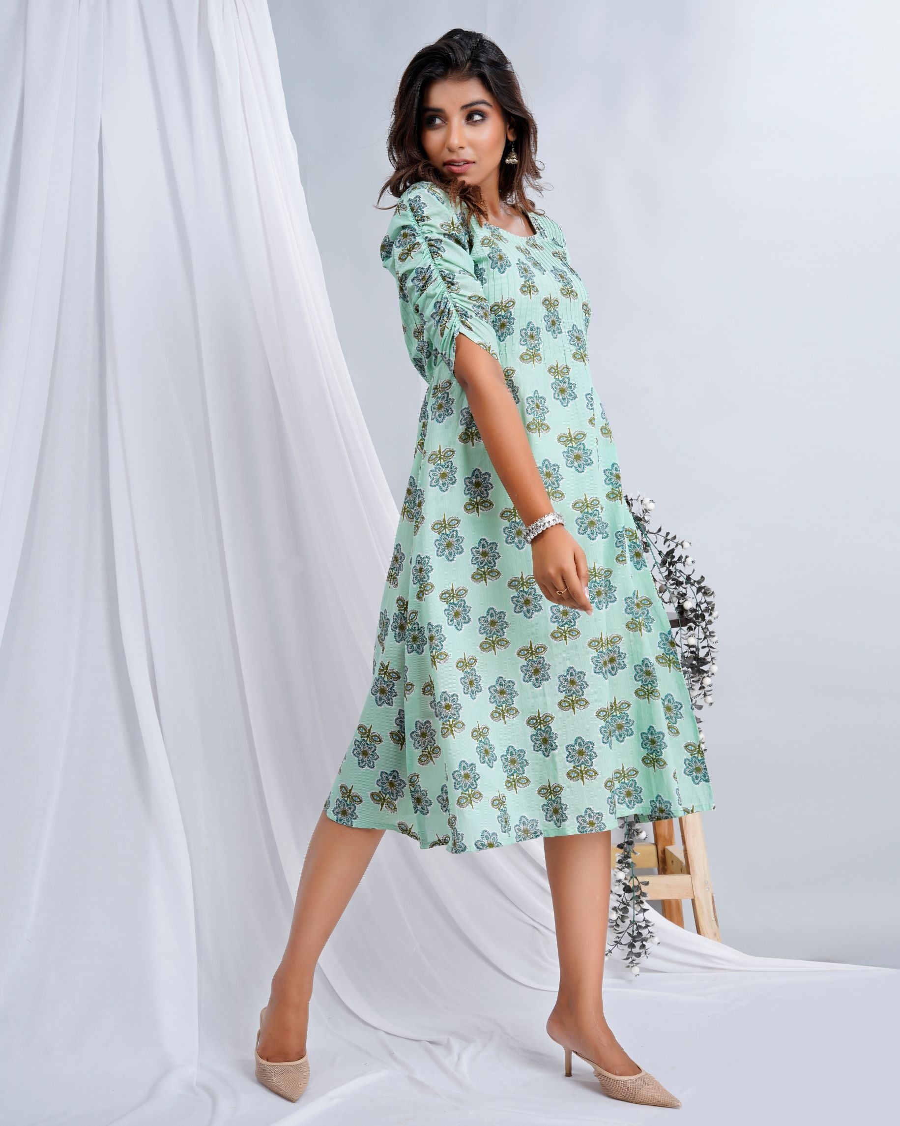 Sea Green Cotton Printed Dress