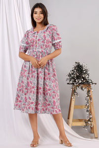 Grey Pink Cotton Printed Floral Dress