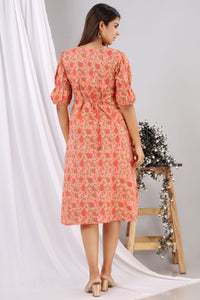 Peach Color Cotton Floral Dress