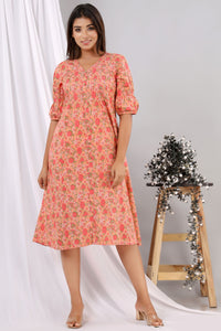 Peach Color Cotton Floral Dress
