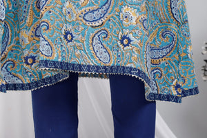 Blue Pasily Hand Block Cotton Kurta, Dupatta & Pant Set